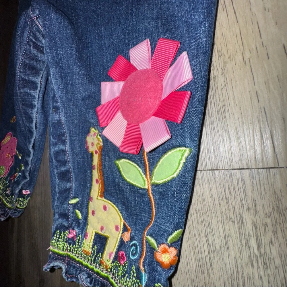 Vintage Talbots Kids Denim Romper with Pink and Green Embroidery